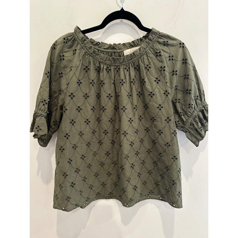 Loft Womens Olive Green Eyelet Lace Ruffle Neck Puff Sleeve Blouse Size M